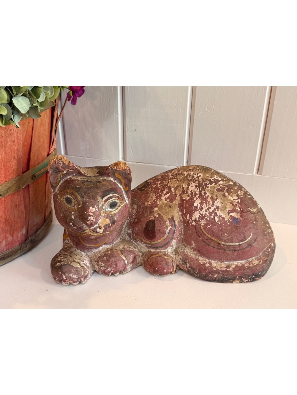 Vintage Hand Carved Wooden Cat Statue – 13"  Folk Art Reclining Cat Figurine
